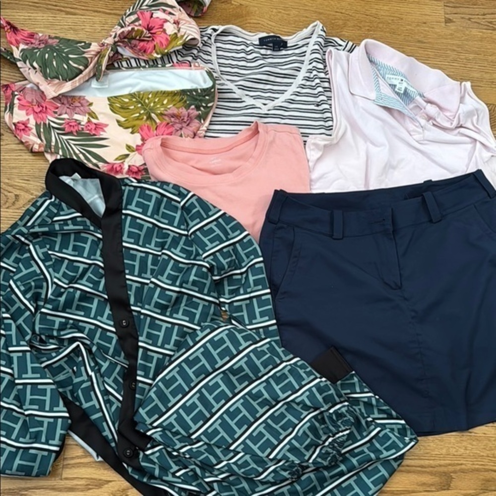 Patterned Green pj, bathing suit, sport tops and skirt bundle size M